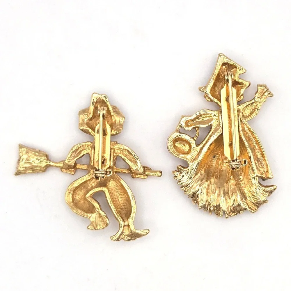 AVON Vintage Gold Tone Halloween Witch and Scarecrow Brooch‎ Set Pumpkin Broom